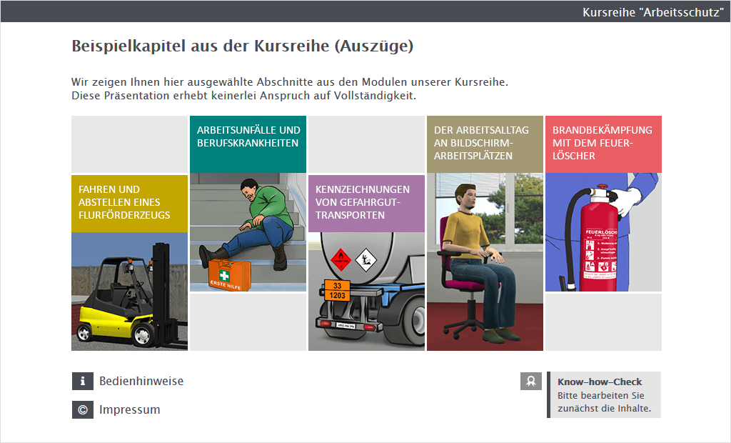 Hauptmenü der Demo zur Kursreihe "Arbeitsschutz"